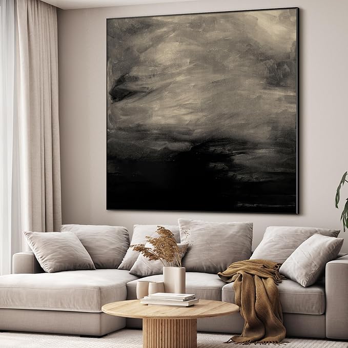 36"x36" Large Framed Wall Art - Stormy Sky Black and Gray Toned Painting (Frame Assembly Required)