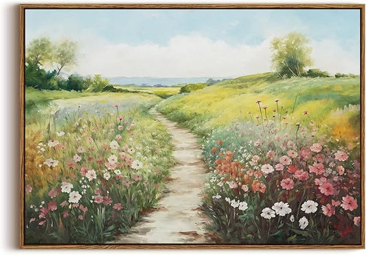 KISSFOX Vintage Framed Wall Art Decor Modern Farmhouse Spring Landscape Pictures Paintings Wall Decor Rustic Wildflower Canvas Art Prints Nature Countryside Artwork For Bedroom Kitchen Living Room