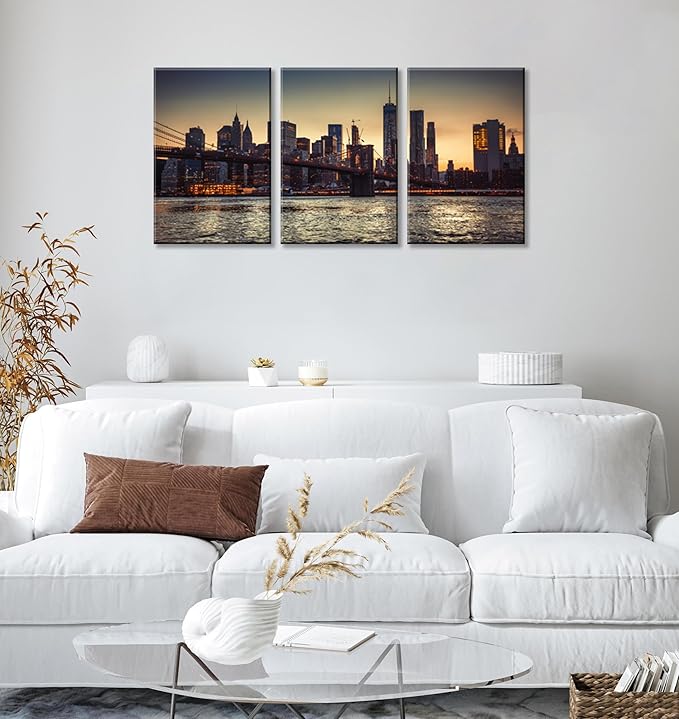 NAN Wind 1PCS New York City Skyline Canvas Wall Art Brooklyn Bridge at Sunset Golden Hour Manhattan Cityscape Pictures Canvas Artwork East River Reflection Modern Urban Home Decor Living Room Office