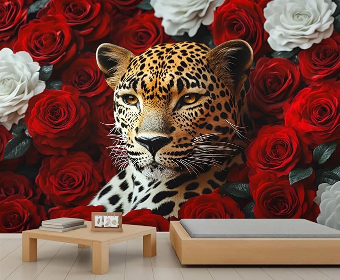 Leopard Mural Wallpaper, Floral Leopard Murals, 3D Wild Animal Murals, Wallpaper for Living Room Bedroom Boy Girl Room Home Decor Mural (Not Peel Stick)