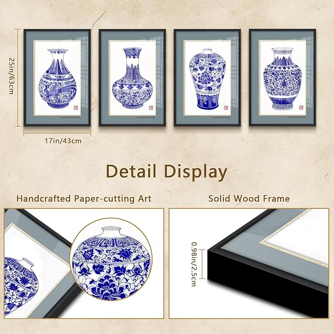 crmotu Chinoiserie Wall Art, Chinoiserie Paper-cutting Wall Decor Set of 4, Oriental Blue and White Porcelain Vase Framed Asian Art for Living Room Hallway Hotel Antique Wall Decor, 17X25 Inch