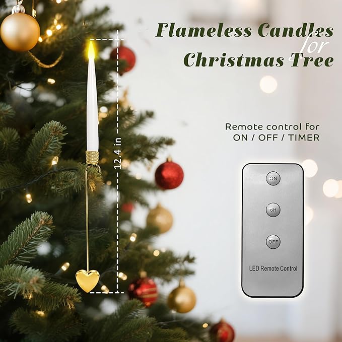 Christmas Tree Candles, 10 Pack Flameless Taper Candles for Christmas Tree Decor, Fake LED Candle Battery Operated with Remote for Xmas Wedding Home Gift with Gold Heart Hook