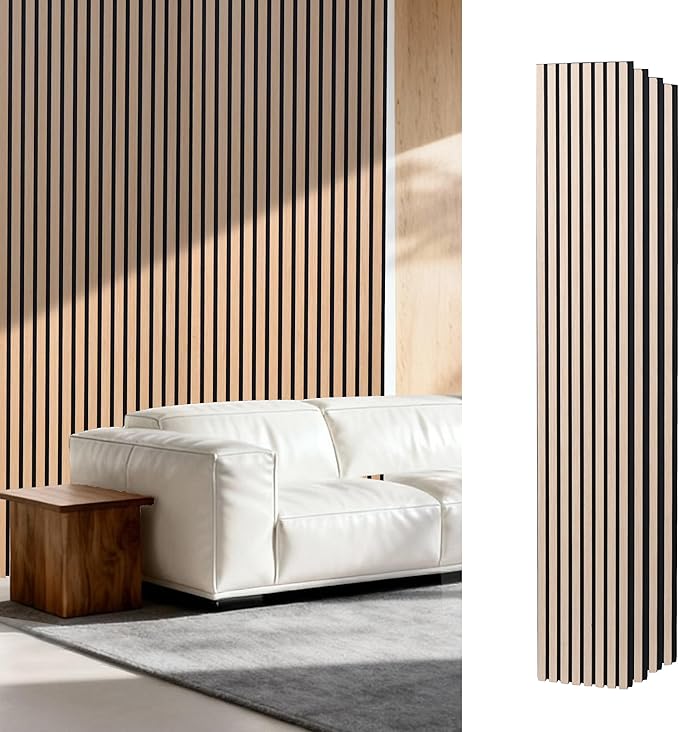 Acoustic Wood Slat Wall Panels - White Oak Soundproof Paneling for Interior Wall Decor, Modern Design, 94" x 12", 4-Pack