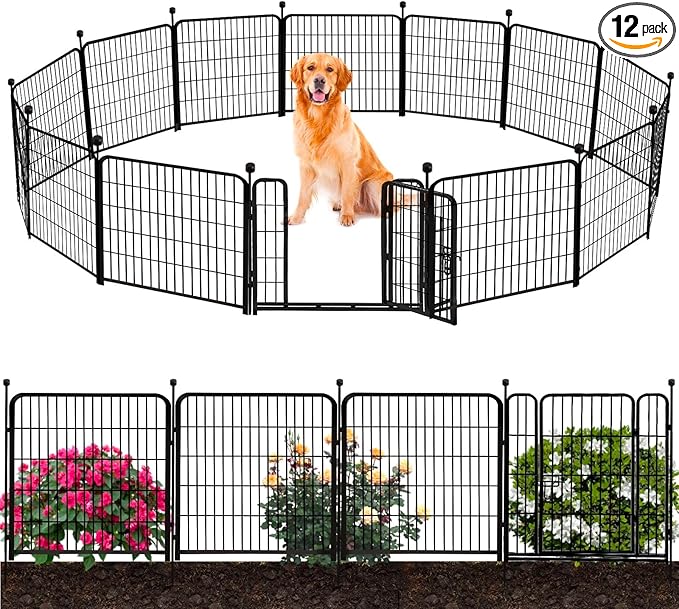 ADAVIN Tall Garden Fence Border with gate, 48 in(H) 12 Panels Total 26.6 Ft(L), Wide Door Low Threshold Fences, Black Iron Metal Heavy Duty Dog Fence Outdoor for Yard or Camping, Flower Bed Fencing