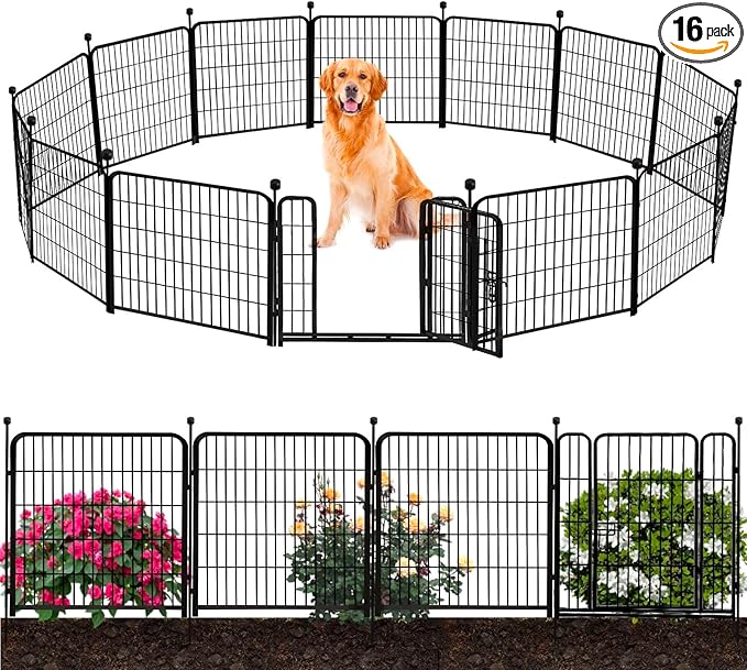 ADAVIN Tall Garden Fence 32 in(H) 16 Panels Total 35.4 Ft(L) Border, Wide Door Low Threshold, Flower Bed Fencing, Animal Barrier Fence, Fence for Dogs Outside, Black Metal Garden Fences with Gate