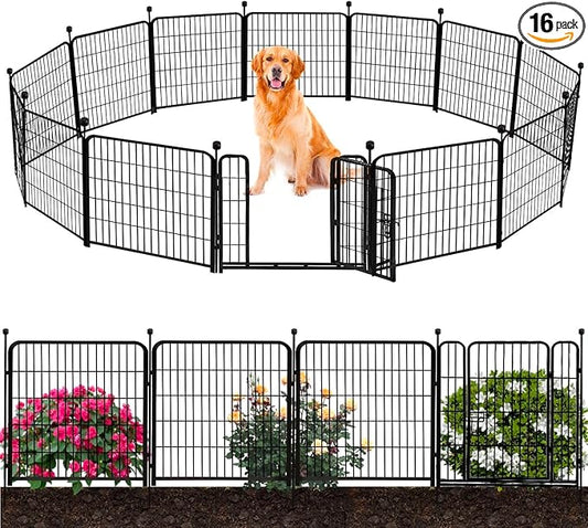 ADAVIN Tall Garden Fence 32 in(H) 16 Panels Total 35.4 Ft(L) Border, Wide Door Low Threshold, Flower Bed Fencing, Animal Barrier Fence, Fence for Dogs Outside, Black Metal Garden Fences with Gate