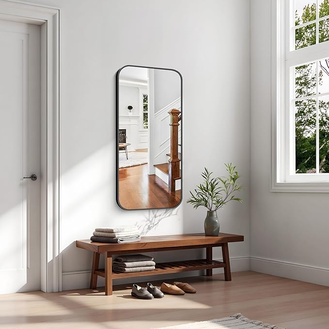KOCUUY Black Bathroom Mirror, 20" x 40" Metal Frame Rectangle Mirror with Rounded Corner, Classic Design of Upgraded Shatterproof Glass for Bathroom, Bedroom, Living Room, Entryway