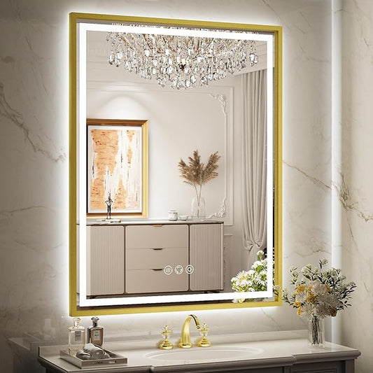 LED Bathroom Mirror, 28x36 Inch Frontlit & Backlit Gold Framed Lighted Mirror,Wall Mouted Vanity with Lights,Double Lights Strips,Anti Fog Stepless 3 Colors Temperature & Dimmable