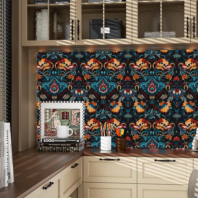 Black Floral Peel and Stick Wallpaper Boho Leaf Contact Paper Red Flower Removable Self Adhesive Waterproof Wall Paper for Cabinet Drawers Wall Decor Renter Friendly 17.5''x118.1''