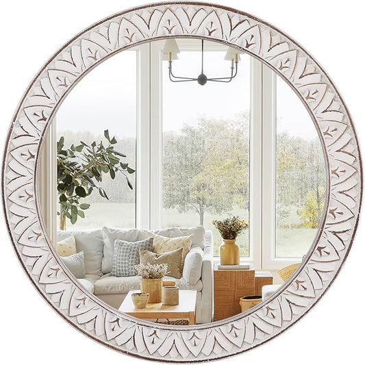 24" Round Mirror Farmhouse Wooden Frame Circle Mirrors, Rustic Decorative Distressed Wall Mounted Mirror for Bathroom, Bedroom, Living Room, Entryway, Fireplace, Hall