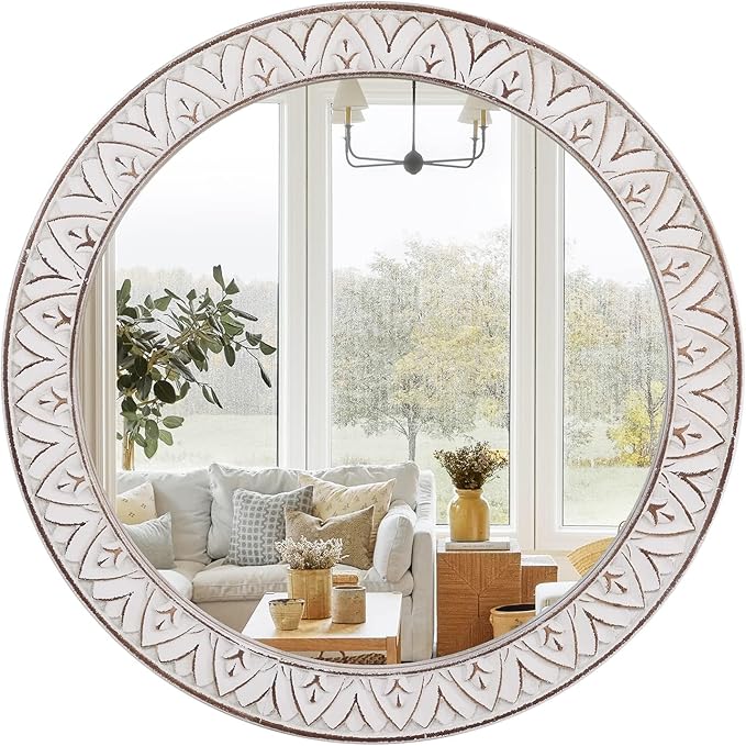 30" Round Wall Mirror, Farmhouse Wooden Frame Circle Mirrors, Rustic Large Decorative Wall Mounted Bathroom Mirror Distressed Hanging Mirrors for Living Room, Bedroom, Entryway, Fireplace, Hall