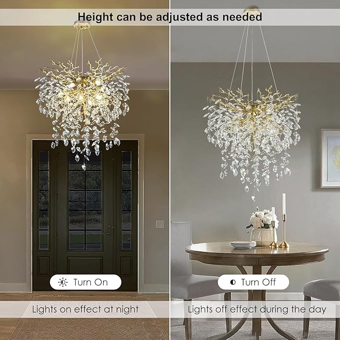24 inch Crystal Chandelier for Dining Room, Round Gold Tree Branches Chandeliers, Top K9 Crystal Chandelier, Modern Chandeliers for Kitchen,Foyer Entryway,Luxury Adjustable Hanging Chandeliers