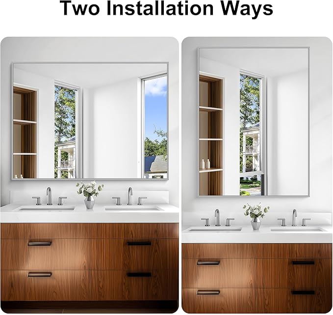 KOCUUY Silver Bathroom Mirror, 48"x36" Large Rectangle Bathroom Mirror for Wall, HD Tempered Glass, Anti-Rust Brushed Silver Frame, Modern Design for Bathroom, Bedroom, Hang Horizontal/Vertical