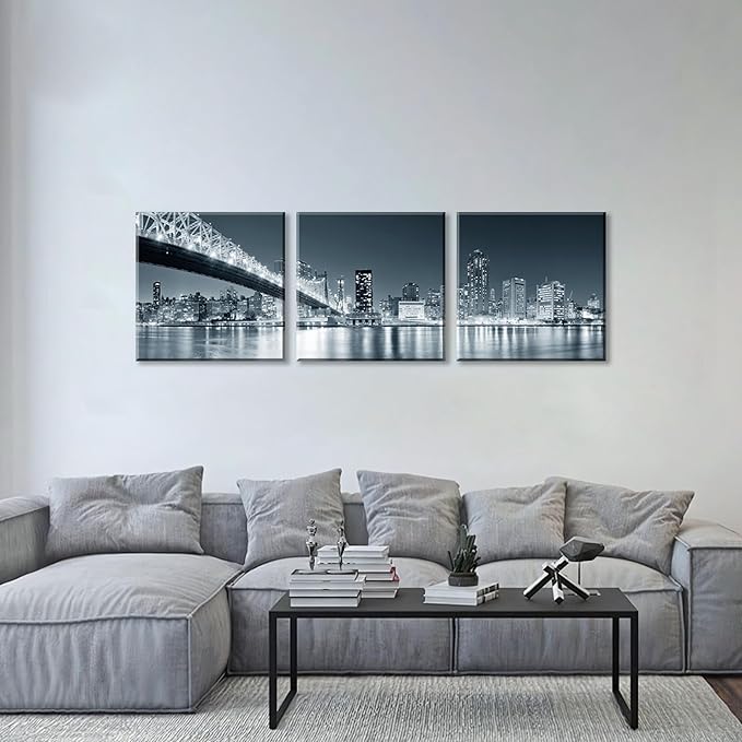New York City Skyline Panoramic Canvas Art Black and White Brooklyn Bridge Night Scene 3 Panel Modern Urban Landscape Wall Decor Skyscrapers Reflection Print Living Room Office Bedroom Home Decoration