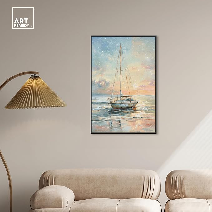 Art Remedy Boat On The Shore Framed Sailing 1 Piece Canvas Wall Art, 25" x 37", Black Frame