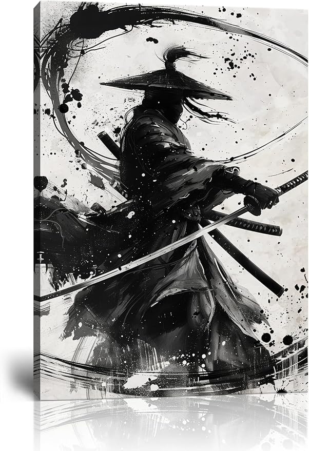 Japanese Samurai Wall Art Black and White Warrior Wall Decor Prints Vintage Japanese Cultural Samurai Pictures Canvas Painting Framed for Living Room Bathroom Bedroom Office (18''W x 24''H)