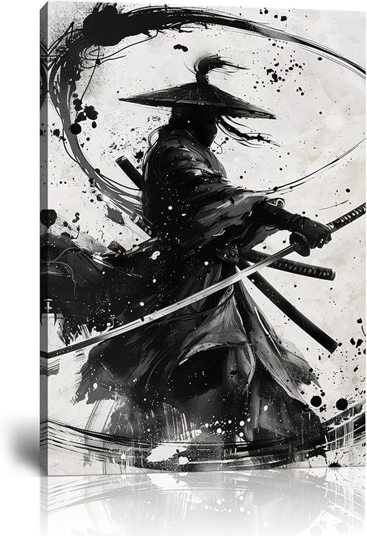 Japanese Samurai Wall Art Black and White Warrior Wall Decor Prints Vintage Japanese Cultural Samurai Pictures Canvas Painting Framed for Living Room Bathroom Bedroom Office (18''W x 24''H)