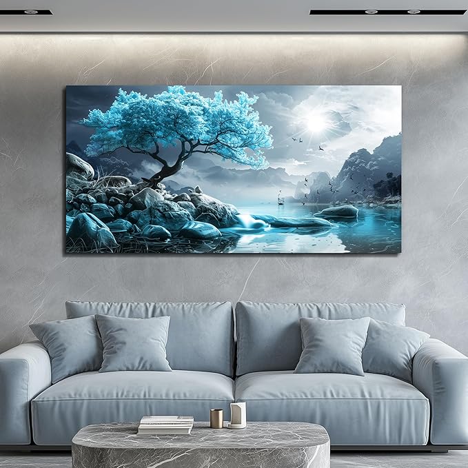 KELIYUAN Large Wall Art For Living Room Canvas Wall Decor Bedroom Blue Tree Landscape Wall Paintings Black And White Pictures Office Mural Framed Prints Artwork Modern Home Decorations 30x60in
