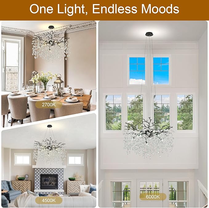 Modern Crystal Chandelier, 31.5" Black Chandeliers for Dining Room, 10 Lights Tree Branch Chandelier Lighting Fixtures Ceiling Hanging, Round Flower Chandeliers for Bedroom Entryway Foyer