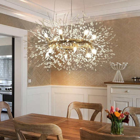 Modern Crystal Firework Chandelier, 12-Light (Bulb Included) Gold Dandelion Dining Room Light Fixtures, Round Hanging Pendant Light for Hight Ceiling, Living Room, Entryway, Staircase, Foyer