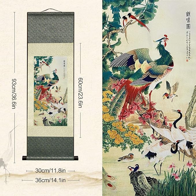 AtfArt Asian Wall Decor Beautiful Silk Scroll Painting Birds - A Hundred Birds Respect The Phoenix Oriental Decor Chinese Art Wall Scroll Wall Hanging Painting Scroll (36.2 x 12 in)