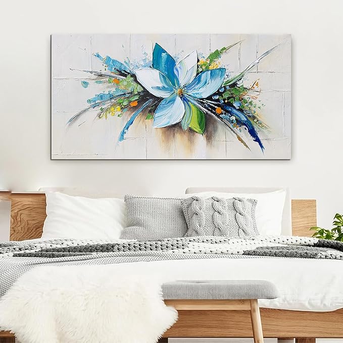 Canvas Wall Art Decor Large Wall Art Pictures for Living Room Canvas Art Wall Decor Blue Floral Wall Art Decor Modern Art Work for Walls Flower Wall Art Prints Bedroom Office Wall Decor 24" X 48"