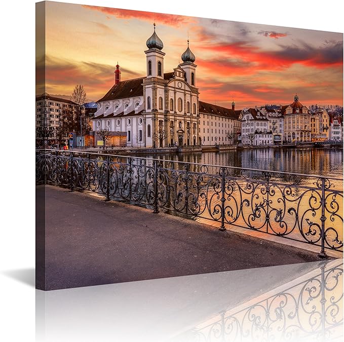 Mordern 1Pcs European Cityscape Canvas Wall Art Scenic Sunset Over River Cathedral with Domes Ready to Hang Architecture Romantic Travel Destination Decorative Framed Artwork for Living Rooms Bedrooms