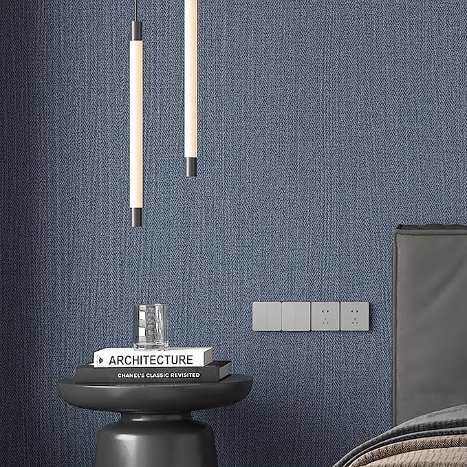 24"x393" Navy Blue Grasscloth Peel and Stick Fabric Textured Contact Paper Linen Popular Wallpaper Vintage Matte Frosted Waterproof Flax Wallpaper for Bedroom Bathroom Kitchen (Dark Blue)