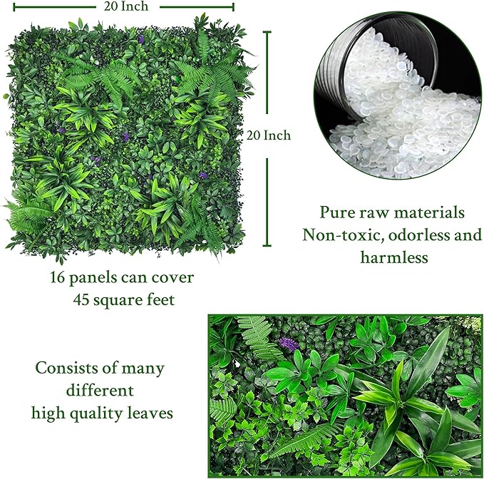 Artificial Greenery Wall Panels: 20''x 20'' 16P UV-Anti Faux Greennery Grass Wall Privacy Backdrop Fence Screen for Garden Fence Covering Privacy, Outdoor Indoor Home Decor