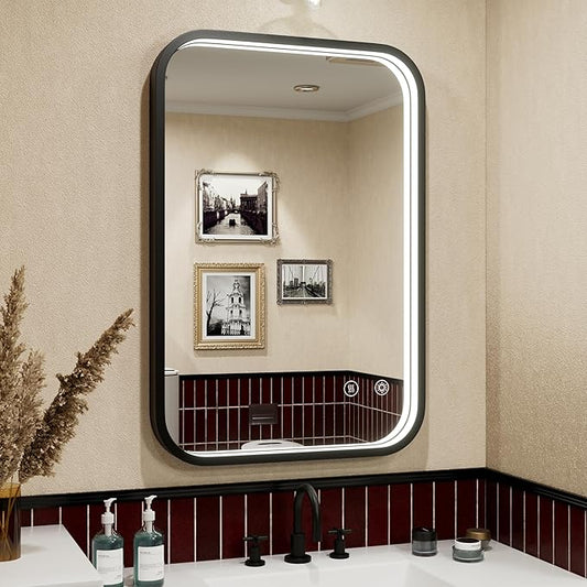 16x24 Inch Black Frame LED Bathroom Mirror with Lights, Adjustable 3000K/4500K/6000K, Wall Mounted Lighted Bathroom Vanity Mirrors, Anti-Fog, Dimmable, Memory Funtiom, Horizontal/Vertical