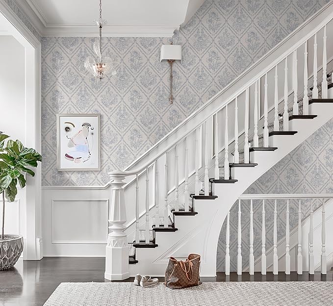 Kitico Peel and Stick Wallpaper Vintage Boho Wallpaper Blue and Beige Contact Paper Floral Removable Waterproof Wall Paper for Bathroom/Bedroom Self Adhesive for Cabinets Vinyl 17.3''x118.1''