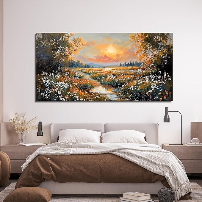 Canvas Wall Art Decor Vintage Wildflower Wall Art Prints Canvas Wall Art for Living Room Nature Landscape Art Work for Wall Decor River Sunset Artwork for Walls Bedroom Office Wall Art Decor 20" X 40"