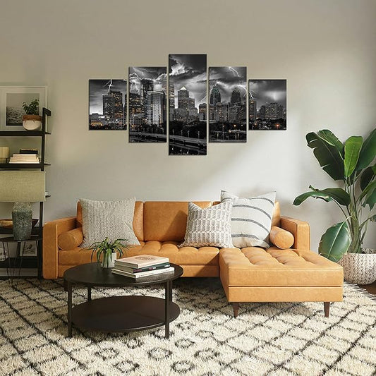 Cawpom Philadelphia Wall Art Philadelphia Skyline Wall Decor Black and White Picture Frame Lightning Canvas Print - (60x32 inches) Pennsylvania Painting Poster - Heartwarming Gift for Home Decoration