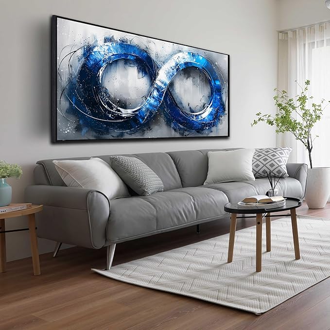 Ouzzlie Blue Picture Wall Decor for Living Room Office Abstract Canvas Wall Art Large Circle Modern Artwork Grey and White Art 29" x 59"