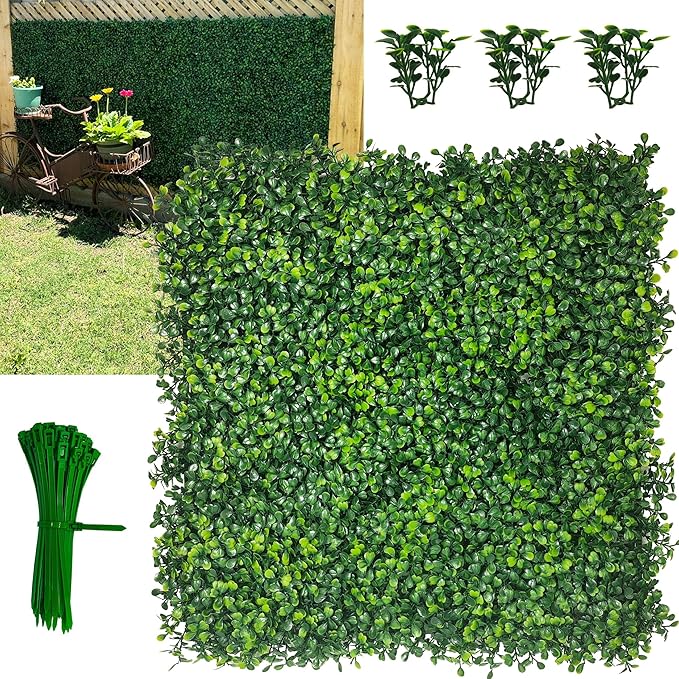 Artificial Grass Wall Panel,10"x 10"(24P) 4-Layer Leaf UV-Anti Greenery Faux Boxwood for Indoor,Outdoor Patio Balcony Privacy & Ivy Fence Covering Privacy, Garden, Backyard Wall Backdrop Decor