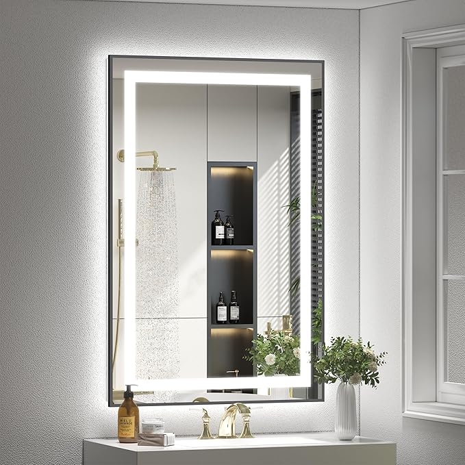 24x36 Framed LED Bathroom Mirror, Lighted Vanity Mirror with Lights, Dimmable Illuminated Mirror for Wall, Anti-Fog, Shatterproof (Front Lights and Backlit)