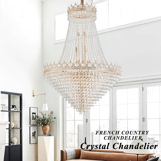KoKo&Yukina 40" Gold Crystal Chandeliers French Empire Chandeliers K9 Crystal Modern Farmhouse Crystal Chandelier Adjustable Hanging Chandelier for Staircase Foyer Hallway