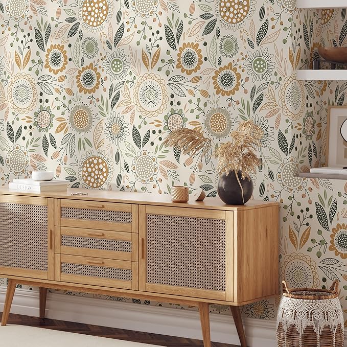 Boho Floral Garden Wallpaper/Peel and Stick Removable Wallpaper Home Decor Wall Art Wall Decor Room Decor (17.7''x118'')