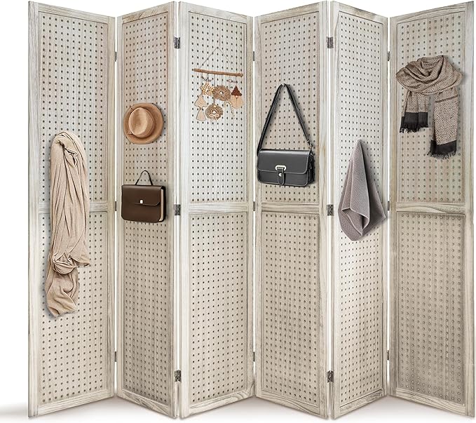 6 Panel Room Divider with Pegboard Display 5.6FT Wood PegBoard Room Dividers, Folding Privacy Screens Portable Freestanding Partition Wall Divider for Art Shows & Room Separation, Natural Wood