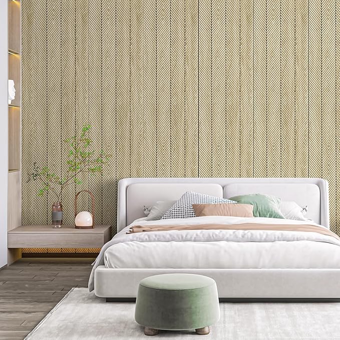 Art3d 4-Pack Glue-On Herringbone Wainscoting Panel for Interior Wall Decor - 104 x 12 Inch Polystyrene Ultralight Slim Slat Wall Panels for Living Room Bedroom, Oak