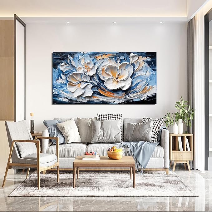 Canvas Wall Art Decor Wall Art Pictures for Living Room Abstract Canvas Art Wall Decor Blue White Wall Art Prints Modern Flower Wall Art Decorations Bederoom Office Home Decor Aesthetic 20" X 40"