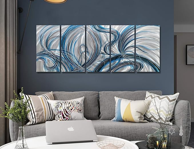 BATRENDY ARTS Handcrafted Abstract Metal Wall Art Decor Huge Blue and Silver Aluminium Painting 3D Scuplture Artwork for Livingroom Bedroom Office