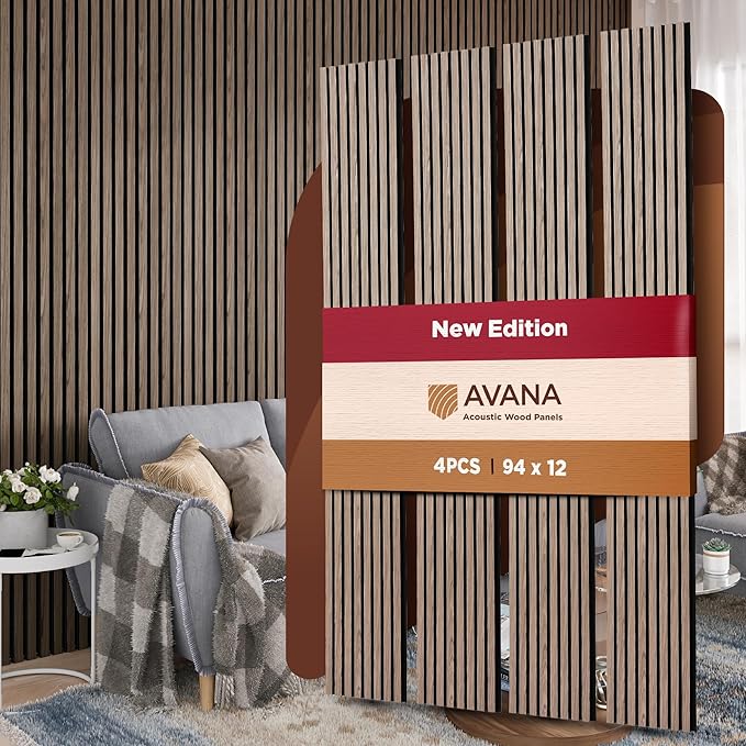 Avana Acoustic Wood Wall Panels – 94.4 x 12.6 Inch Natural Walnut Acoustic Panels 4 PCs – Wall Panels For Interior Wall Decor For Homes, Offices, Studios – Pleasing Decorative Wood Panels For Wall