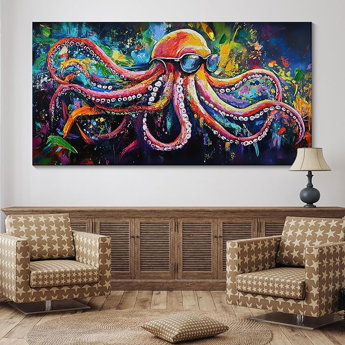 JEAWA Abstract Graffiti Wall Art, Large Size Funny Octopus Street Cool Pop Hand Drawn Texture Canvas Paintings for Living Room Bedroom Men Teenage Boy Game Room Picture Wall Decor 29x58 IN