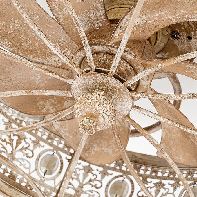 18" Rustic Cottage Distressed Wood-Look Fandelier with Remote, Small Farmhouse Enclosed Ceiling Fan Light, Low Profile Flush Mount for Entryway, Kids Room, Cozy Spaces