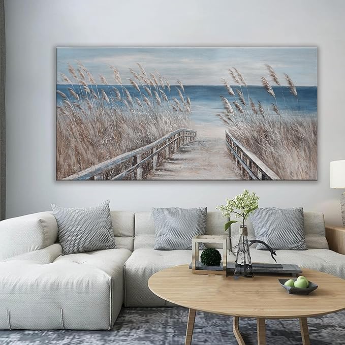 Canvas Wall Art Decor Large Modern Wall Art Decorations Blue Beach Coastal Artwork for Walls Textured Wall Art Prints Pictures Wall Decor Wall Art Bedroom 29"X58" For Room Living Room Office Decor