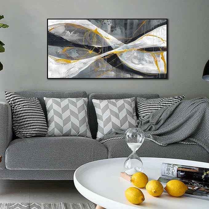 Ouzzlie Abstract Wall Decor Art Modern Canvas Picture Black White and Gold Wall Art for Bedroom Office Decoration 24" x 48"