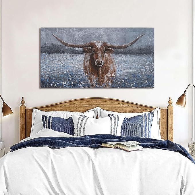 KUPTEU Canvas Wall Art Decor Vintage Wall Art For Living Room Highland Cow Wall Art Decorations Canvas Art Wall Decor Modern Blue Wall Art Prints Artwork for Walls Bedroom Home Decor 20" x 40"