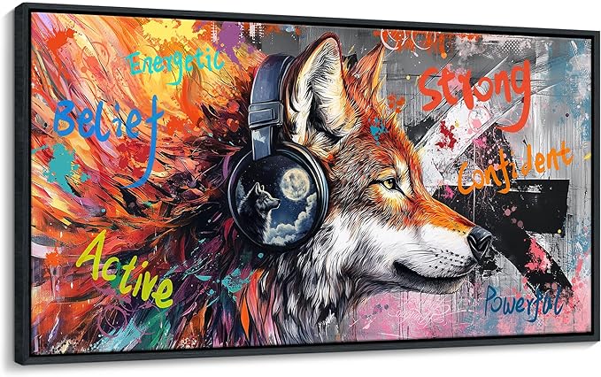 JEAWA Large Framed Wall Art, Modern Graffiti Street Art Funny Wolf with Headphones Pictures Canvas Painting for Living Room Bedroom Office Kitchen Home Inspirational Decor Gifts for Men 29x58