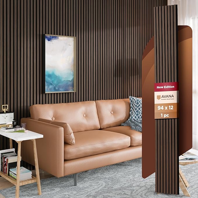 Avana Modern Acoustic Wood Wall Panels – 94.4x12.6 Inch Dark Walnut Acoustic Panels 1 PC – Wall Panels For Interior Wall Decor For Homes, Offices, Studios – Sturdy And Durable Wood Panels For Wall